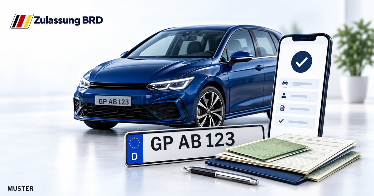 Online Fahrzeugzulassung in Göppingen: Musterkennzeichen GP AB 123, Auto und Fahrzeugpapiere und Smartphone. Illustration mit Logo von Zulassung BRD.